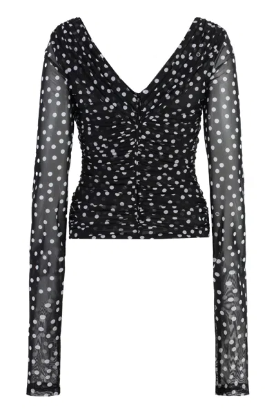 Dolce & Gabbana Ruched Wrap-effect Printed Polka-dot Tulle Blouse