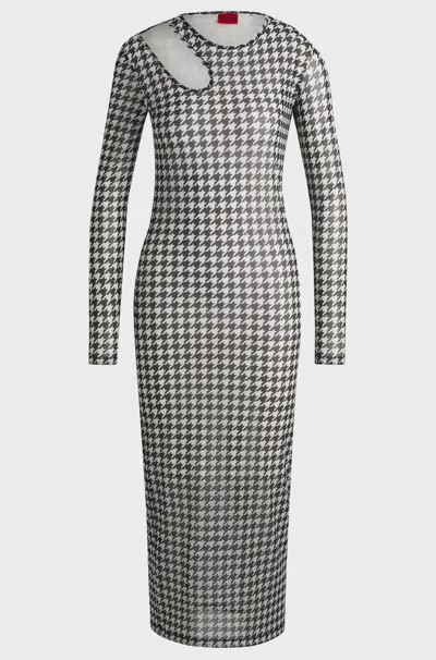Hugo Boss Houndstooth Mesh Midi Dress With Cut-out Neckline
