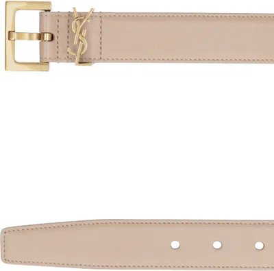 Saint Laurent Elegant Black Leather Belt For Women In Beige