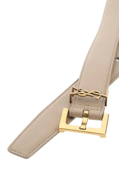 Saint Laurent Elegant Black Leather Belt For Women In Beige