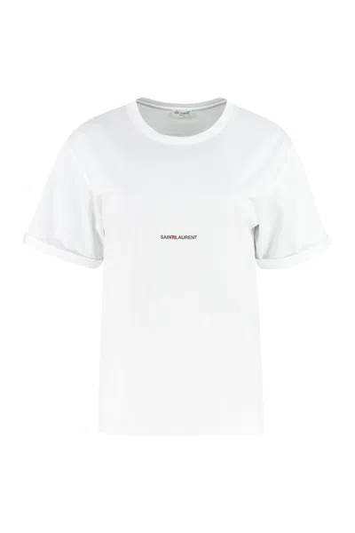 Saint Laurent Basic White T-shirt With Miiddle Logo Print In Cotton Woman