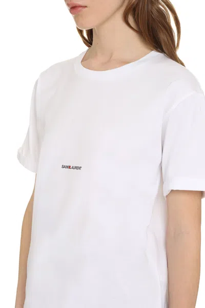 Saint Laurent Basic White T-shirt With Miiddle Logo Print In Cotton Woman
