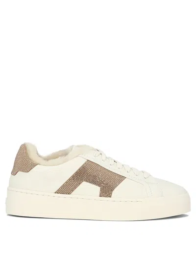 Santoni "double Buckle" Rhinestone-embellished Sneakers In White
