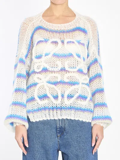 Loewe Anagram Embroidered Striped Mohair-blend Sweater In White
