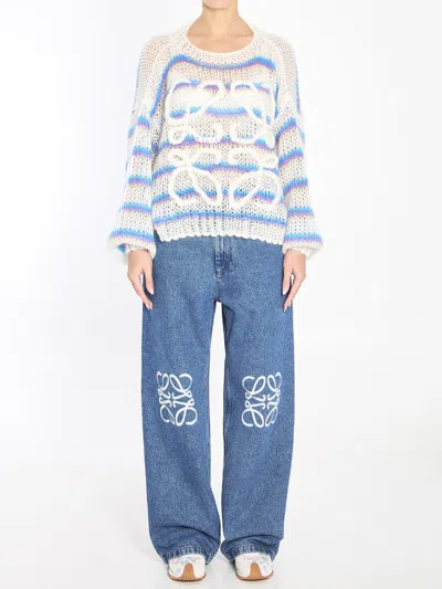 Loewe Anagram Embroidered Striped Mohair-blend Sweater In White