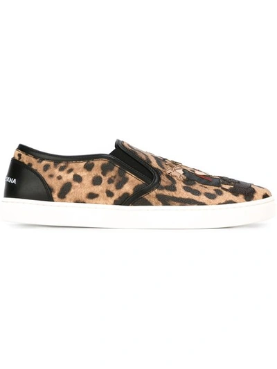 Dolce & Gabbana Black & Tan Leopard Print Slip-on Sneakers In Nude&neutrals