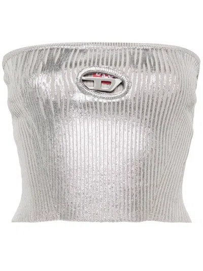 Diesel Ribbed Metallic Strapless Top In Silver
