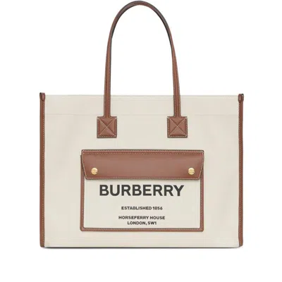 Burberry Women Two-tone Leather And Canvas Medium Freya Shopping In Brown