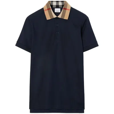 Burberry Cody Polo Shirt With Check Collar In Blue