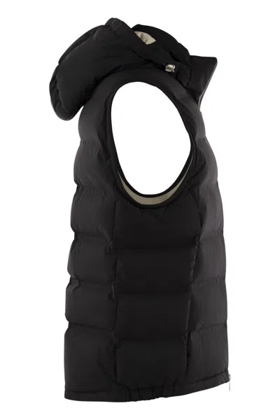 Brunello Cucinelli Men Sleeveless Down Jacket In Membraned Taffeta With Heat Tapes And Detachable Ho