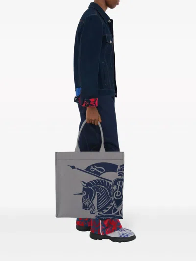 Burberry Beige And Blue Tote Bag With Equestrian Knight Embroidery In Cotton Blend Man