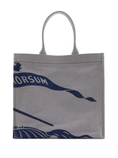 Burberry Beige And Blue Tote Bag With Equestrian Knight Embroidery In Cotton Blend Man