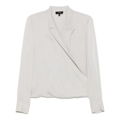 Theory Metallic Blouse With Peak Revers And Crossover Neck In Blue