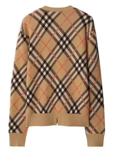 Burberry Beige Crewneck Sweater With Check Motif In Wool And Mohair Woman