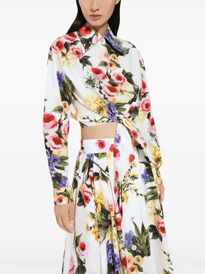 Dolce & Gabbana Floral Print Cropped Poplin Shirt With Front Tie