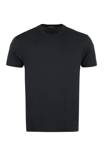 Tom Ford White Crewneck T-shirt With Tf Embroidery In Lyocell And Cotton Blend Man