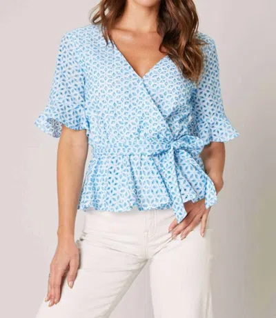 Sugarlips Eyelet Surplice Peplum Top In Blue In Blue