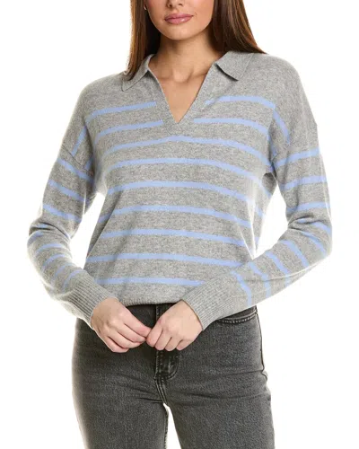 Amicale Cashmere Striped V-neck Johnny Collar Cashmere Sweater In Grey