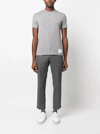 Thom Browne Wool Crew Neck T-shirt With Stripe Detail In Grey
