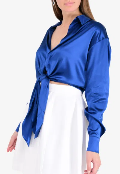 Alexandre Vauthier Silk Satin Tie-up Crop Shirt In Blue