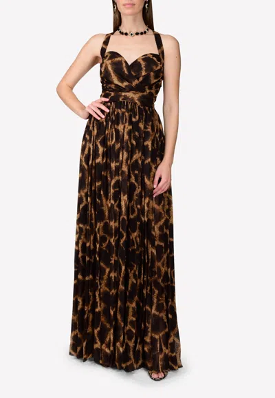 Dolce & Gabbana Silk Chiffon Giraffe-print Gown With Crisscross Back In Brown