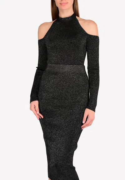 Cushnie Et Ochs Halter Neck Cold-shoulder Metallic-knit Bodysuit In Black