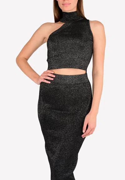 Cushnie Et Ochs One-shoulder Mock Neck Metallic-knit Crop Top In Black