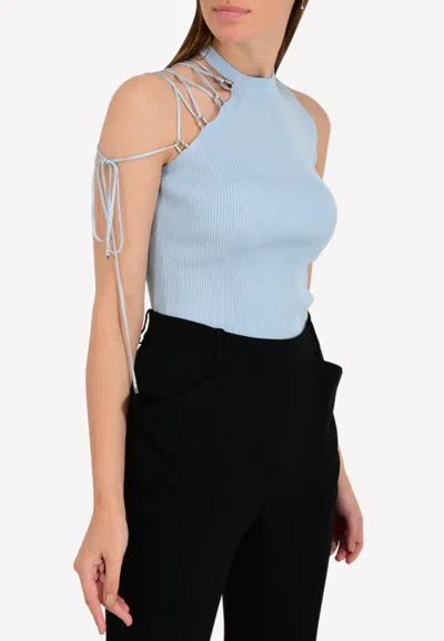 Mugler Lace-up One-shoulder Stretch Knit Top In Blue