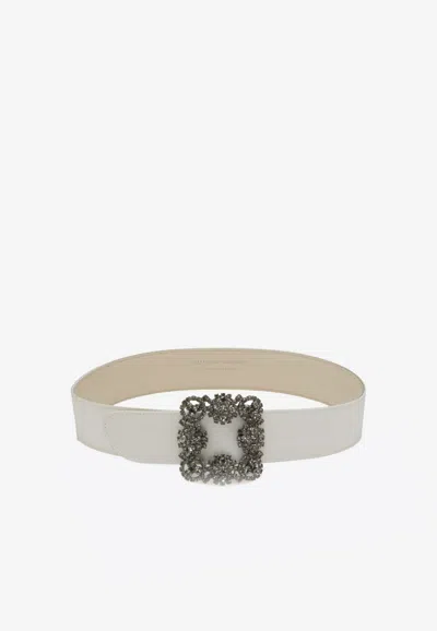Manolo Blahnik Hangisi Satin Belt With Fmc Crystal Buckle In White