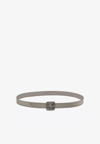 Manolo Blahnik Mini Hangisi Satin Belt With Crystal Buckle In Gray