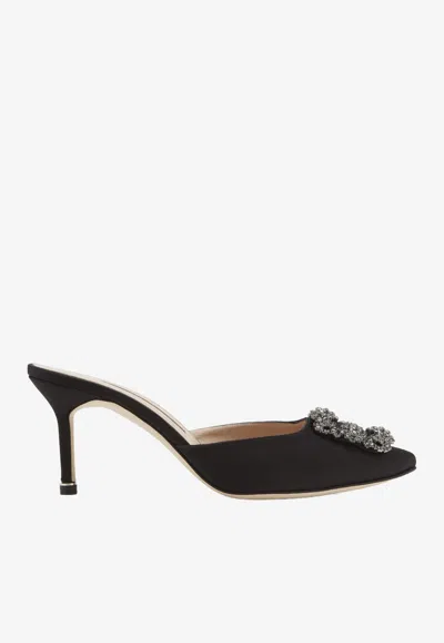 Manolo Blahnik Hangisimu 70 Satin Mules With Fmc Crystal Buckle In Black