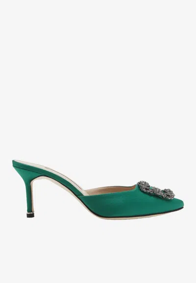 Manolo Blahnik Hangisimu 70 Satin Mules With Fmc Crystal Buckle In Green