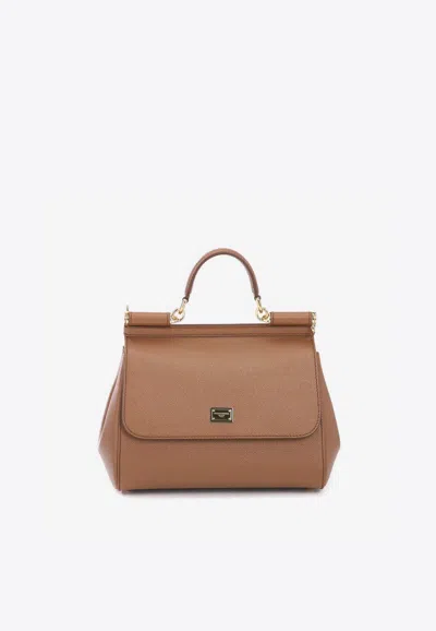 Dolce & Gabbana Large Sicily Top Handle Bag In Dauphine Leather In Brown