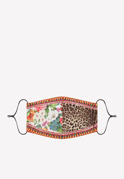 Dolce & Gabbana Patchwork Face Mask In Floral And Leopard Stretch Fabric In Multicolor