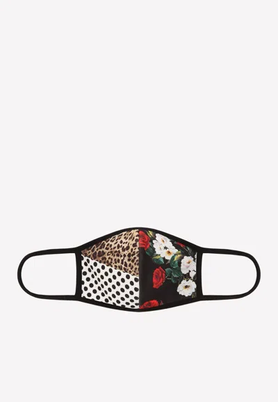 Dolce & Gabbana Patchwork Stretch Face Mask In Floral Polka And Leopard-print In Multicolor