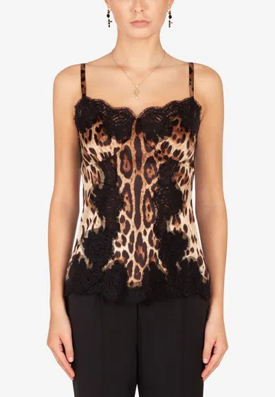 Dolce & Gabbana Silk Balconette Lingerie Bodysuit With Leopard-print Lace Details In Brown