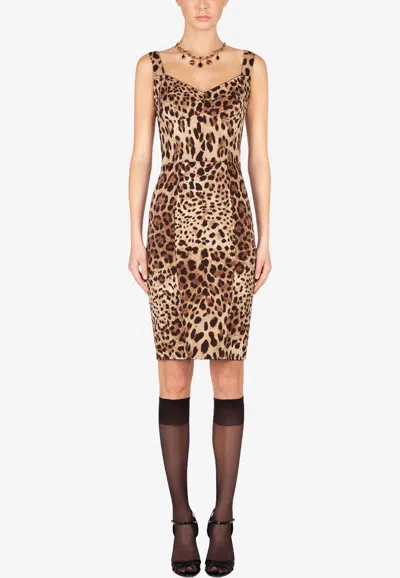 Dolce & Gabbana Leopard-print Cady Corset-style Midi Dress In Brown
