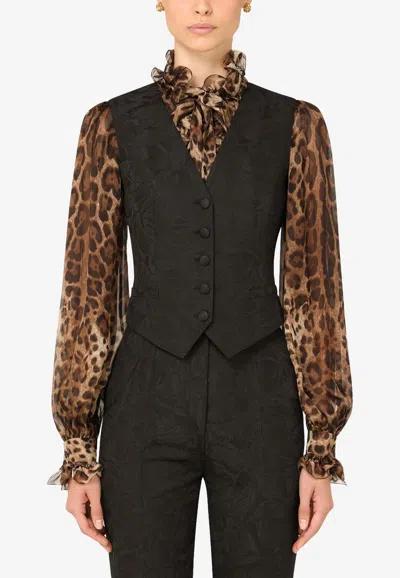 Dolce & Gabbana V-neck Floral Jacquard Vest In Black
