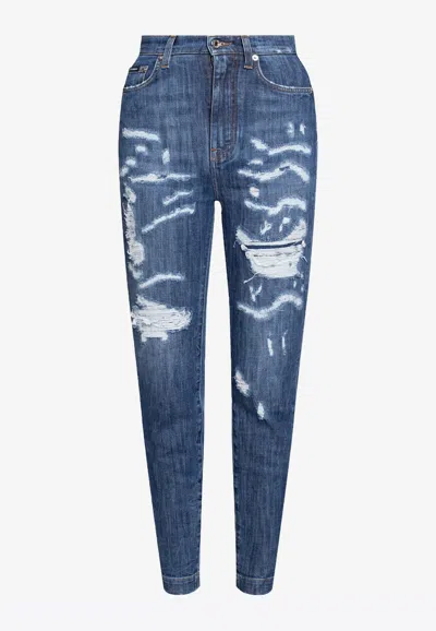 Dolce & Gabbana High-rise Distressed Slim Jeans In Blue