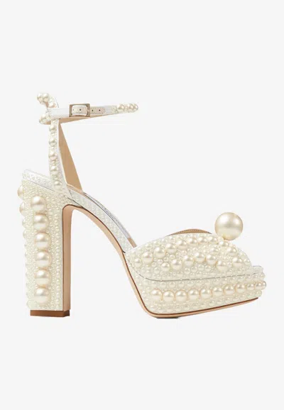 Jimmy Choo Sacaria Faux Pearl-embellished Satin Peep-toe Sandals In White