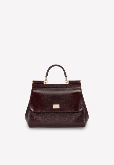 Dolce & Gabbana Large Sicily Top Handle Bag In Iguana-embossed Calfskin In Bordeaux