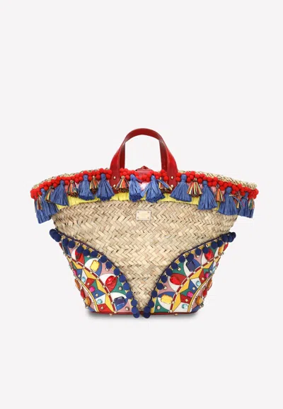 Dolce & Gabbana Kendra Tassel Embellished Straw Tote Bag In Multicolor
