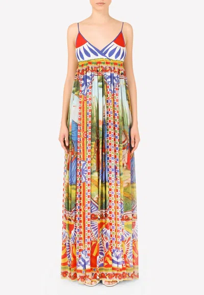 Dolce & Gabbana V-neck Carretto Print Chiffon Maxi Dress In Multicolor