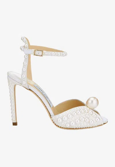 Shop Jimmy Choo Sacora 100 All-over Pearl Sandals In Satin In White