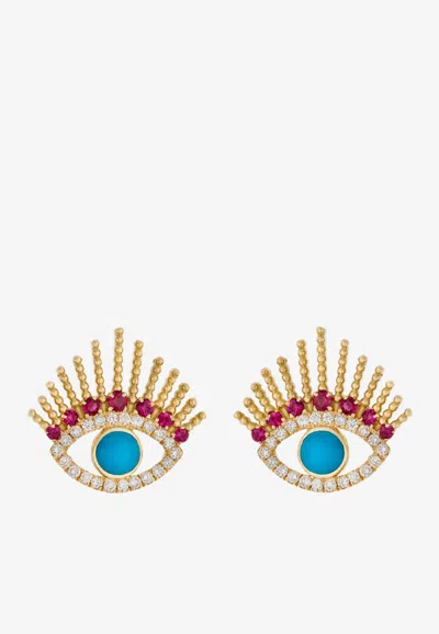 Falamank Written In The Stars Collection Evil Eye Diamond Ruby Earrings In 18-karat Yellow Gold In Gold