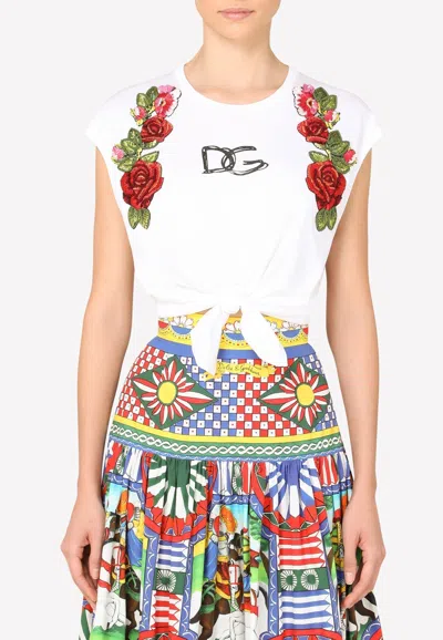 Dolce & Gabbana Raffia Embroidered Self-tie Cotton Crop Top In White