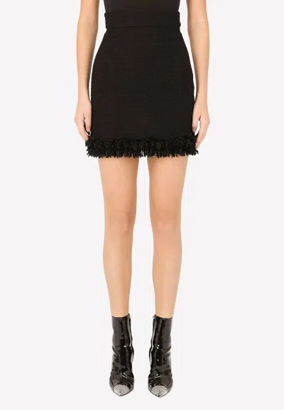 Dolce & Gabbana Crochet-trimmed Wool-blend Bouclé Skirt In Black