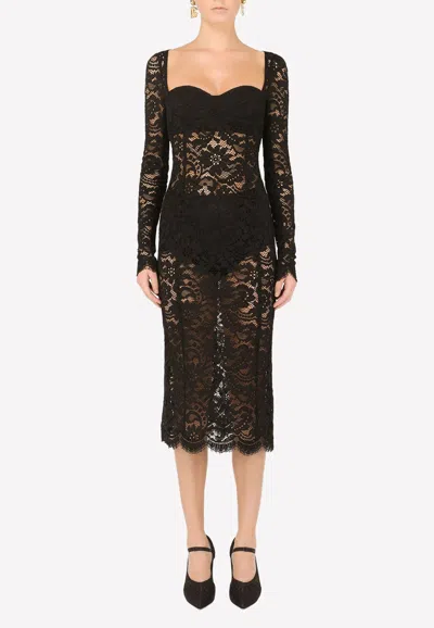 Dolce & Gabbana Semi-sheer Lace Midi Dress In Black