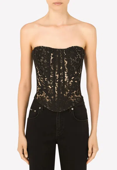 Dolce & Gabbana Cotton Top With All-over Lace Work In Black