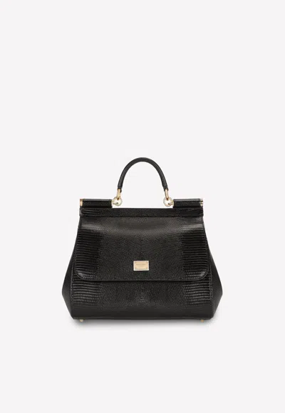 Dolce & Gabbana Large Sicily Top Handle Bag In Iguana-embossed Calfskin In Black
